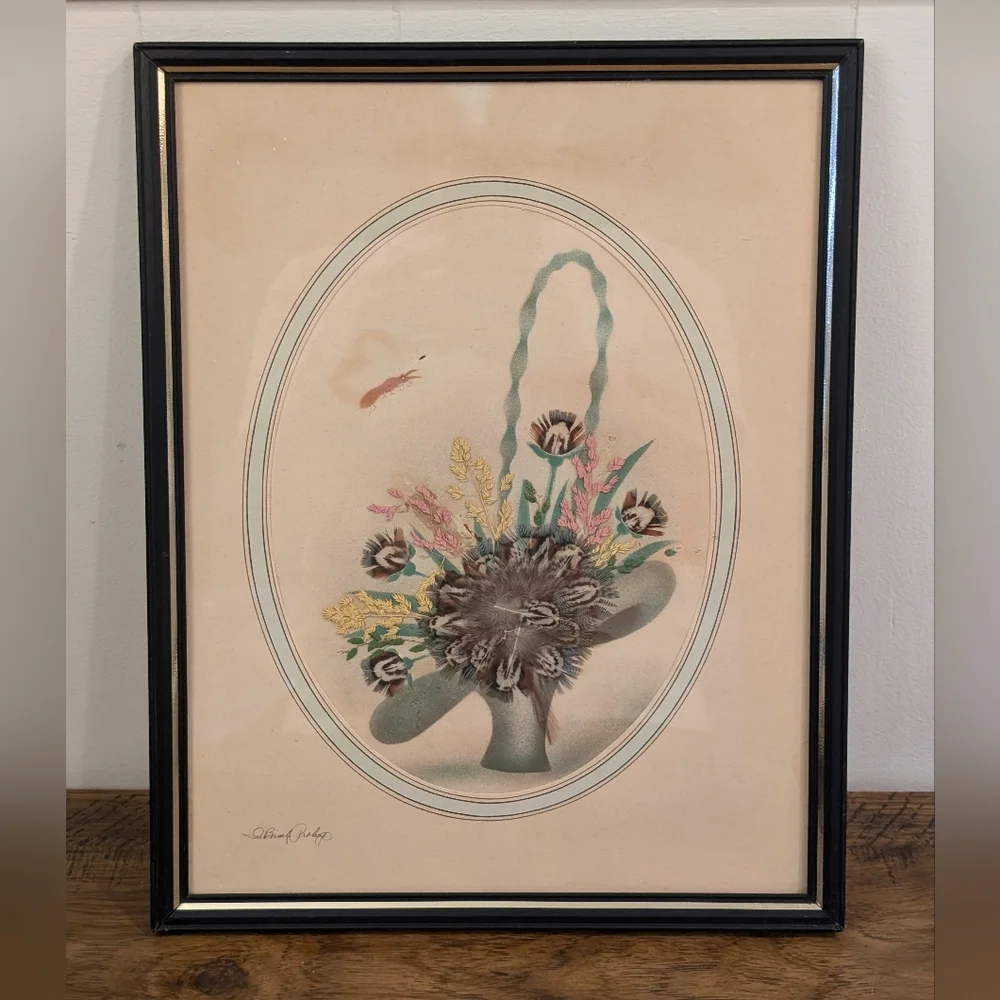 Ida Bisek Procop Painting Prairie Pictures Feather Flower Craft Art Handmade VTG